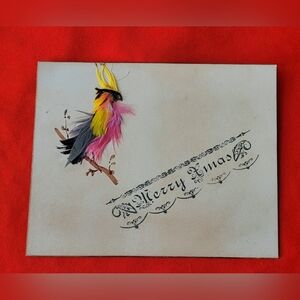 Colorful Bird Feather Vintage CHRISTMAS CARD, Handmade Mexican Folk Art, Holiday